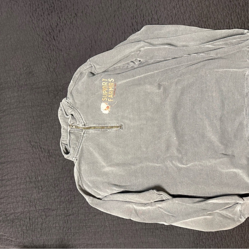 Grey quarter zip support farmers sweatshirt